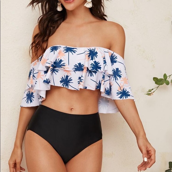 Other - Palm tree print layered off shoulder bikini